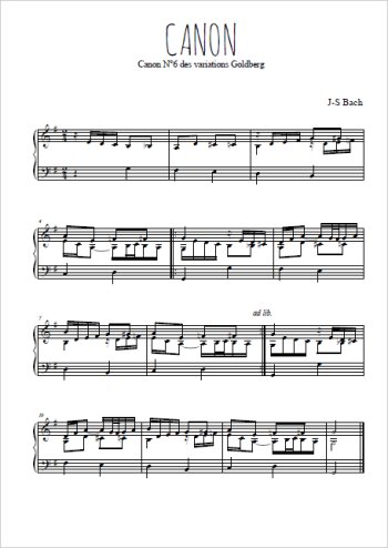 Téléchargez l'arrangement pour piano de la partition de Canon de Bach en PDF